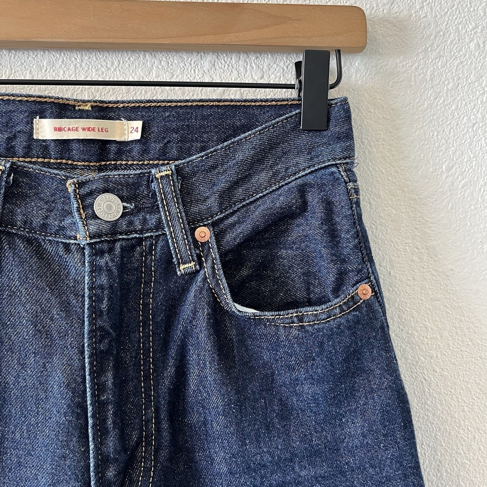 Levis Premium Ribcage WIde Leg Jeans Women 24 High Rise Dark Denim 100% Cotton - Picture 4 of 15